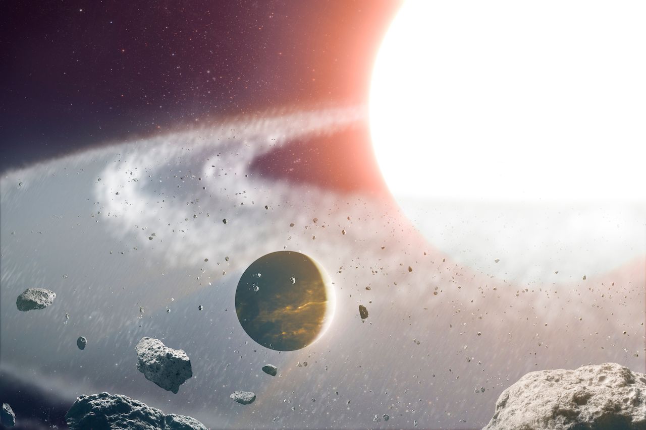 An illustration shows a large, gaseous planet on the lower left, its large bright planet orbiting amid rocky debris. The exoplanet 8 Ursae Minoris b – also known as 