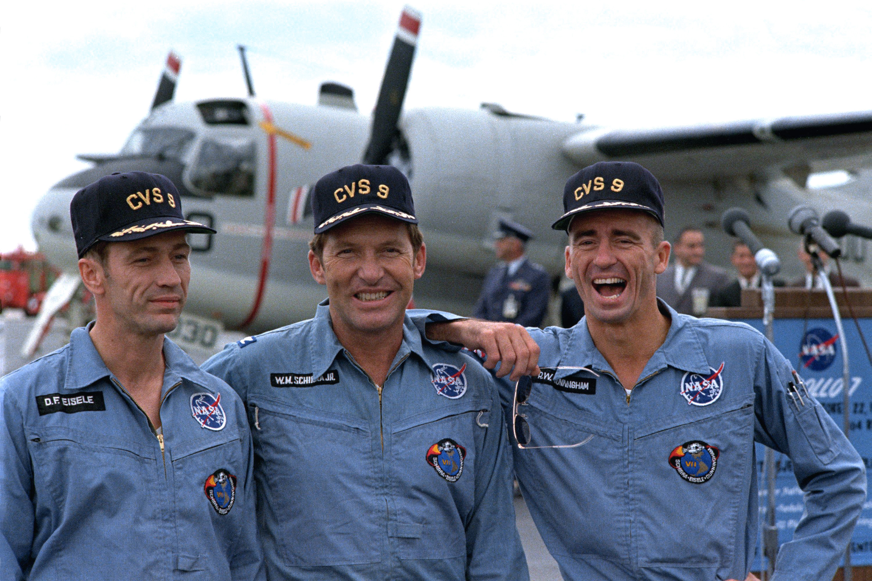 Apollo 7 astronauts Donn F. Eisele, Walter M. Schirra, and R. Walter Cunningham on the prime recovery U.S.S. Essex