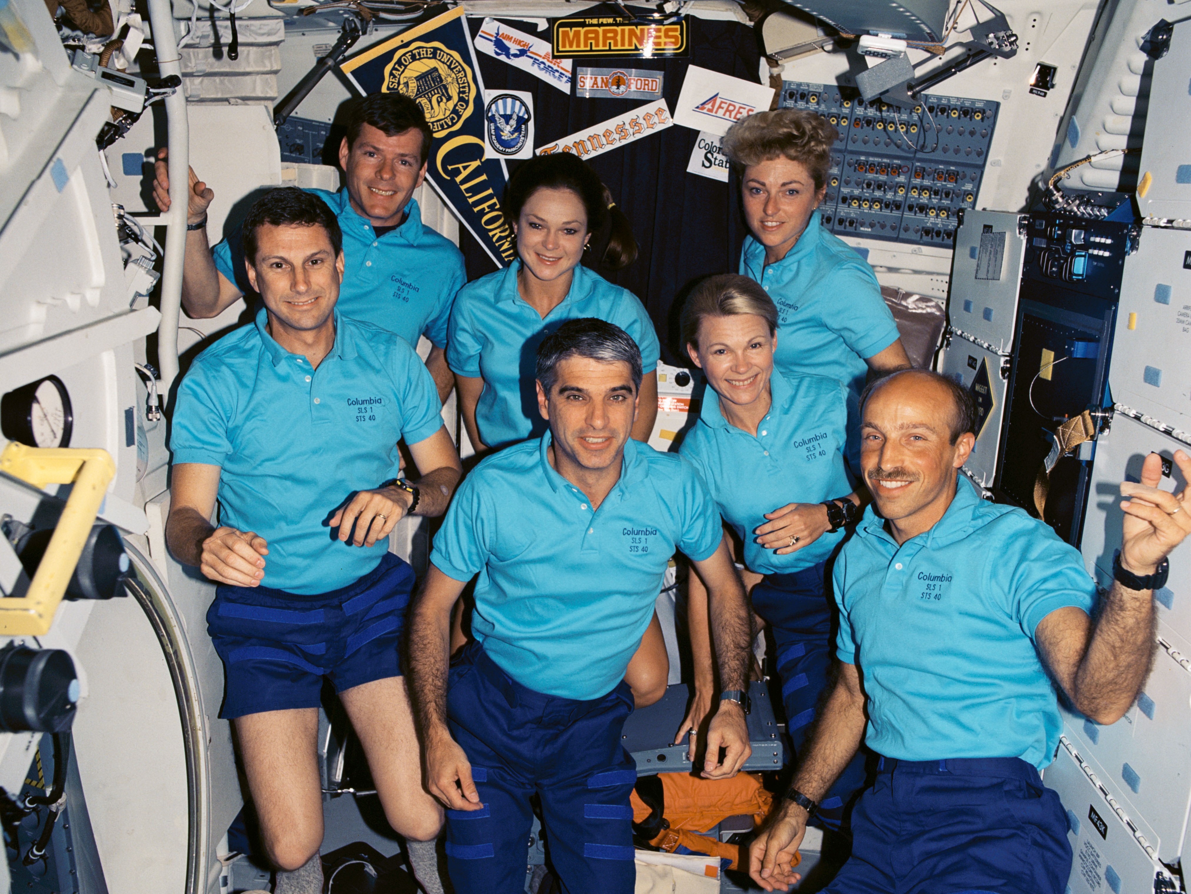 NASA astronaut Sidney M. Gutierrez with his STS-40 crew mates