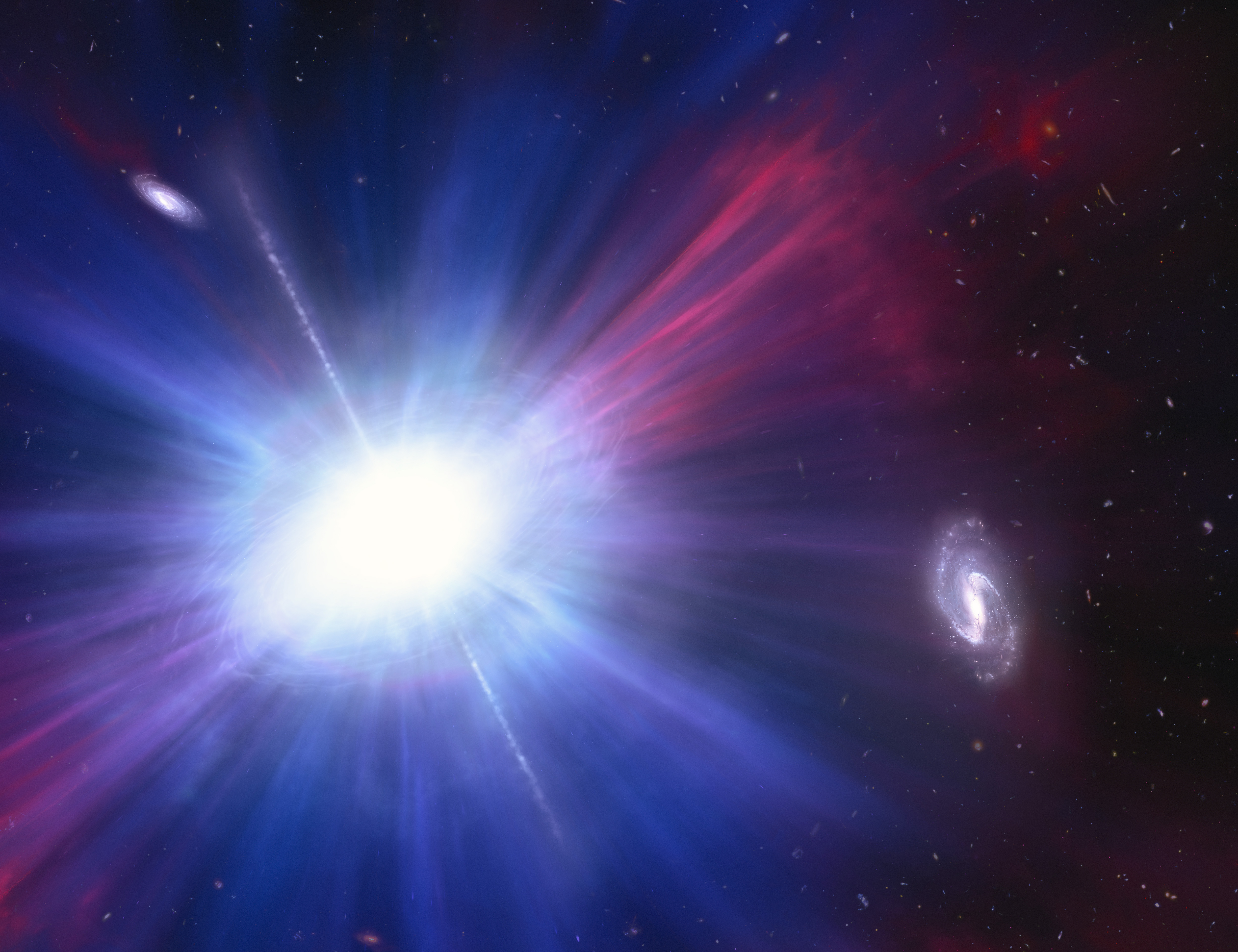 Illustration of one of brightest explosions ever seen in space. Called a Luminous Fast Blue Optical Transient (LFBOT), it shines intensely in blue light. It appears as a bright white blob left of center where blue-white and red rays sprout out from it. Toward the right of the image there is a spiral galaxy. To the upper left is another whitish galaxy shaped like a cigar. The LFBOT doesn’t seem to be associated with either galaxy.