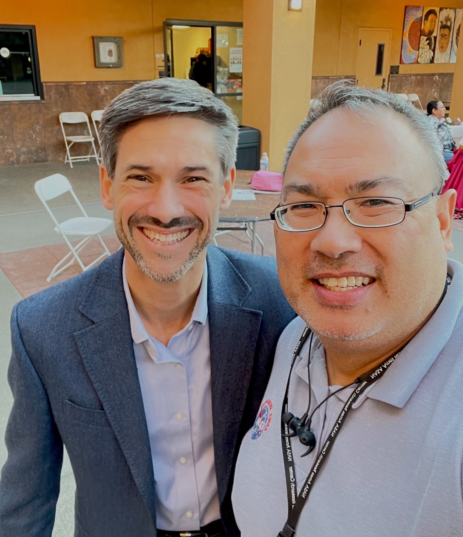 Mayor Matt Mahan, City of San Jose, left, and Jonas Dino, NASA Public Affairs Specialist at the Oct. 29 event at the Mexican Heritage Plaza.