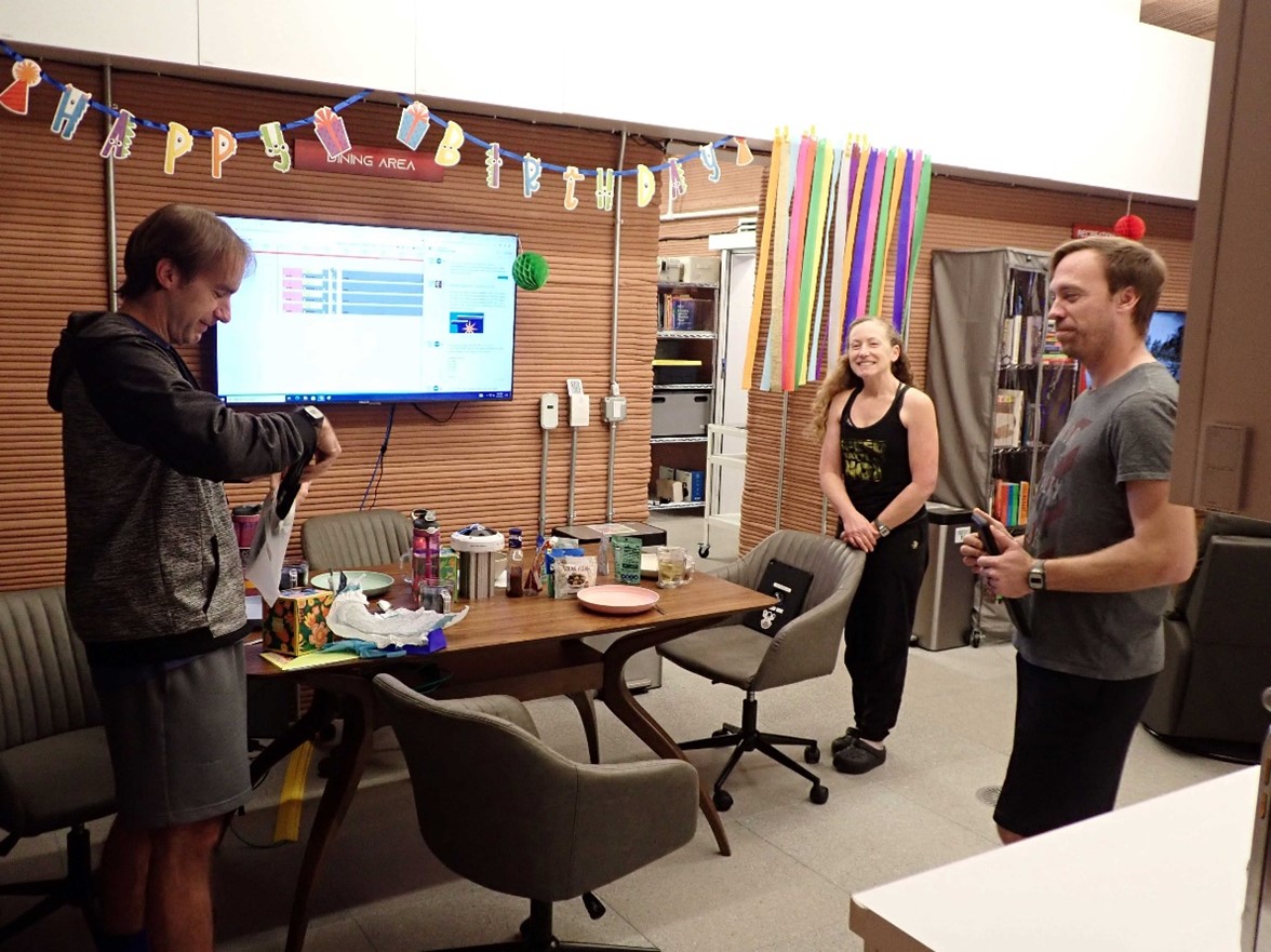 The CHAPEA crew celebrates the birthday for Ross Brockwell, left, inside the habitat.