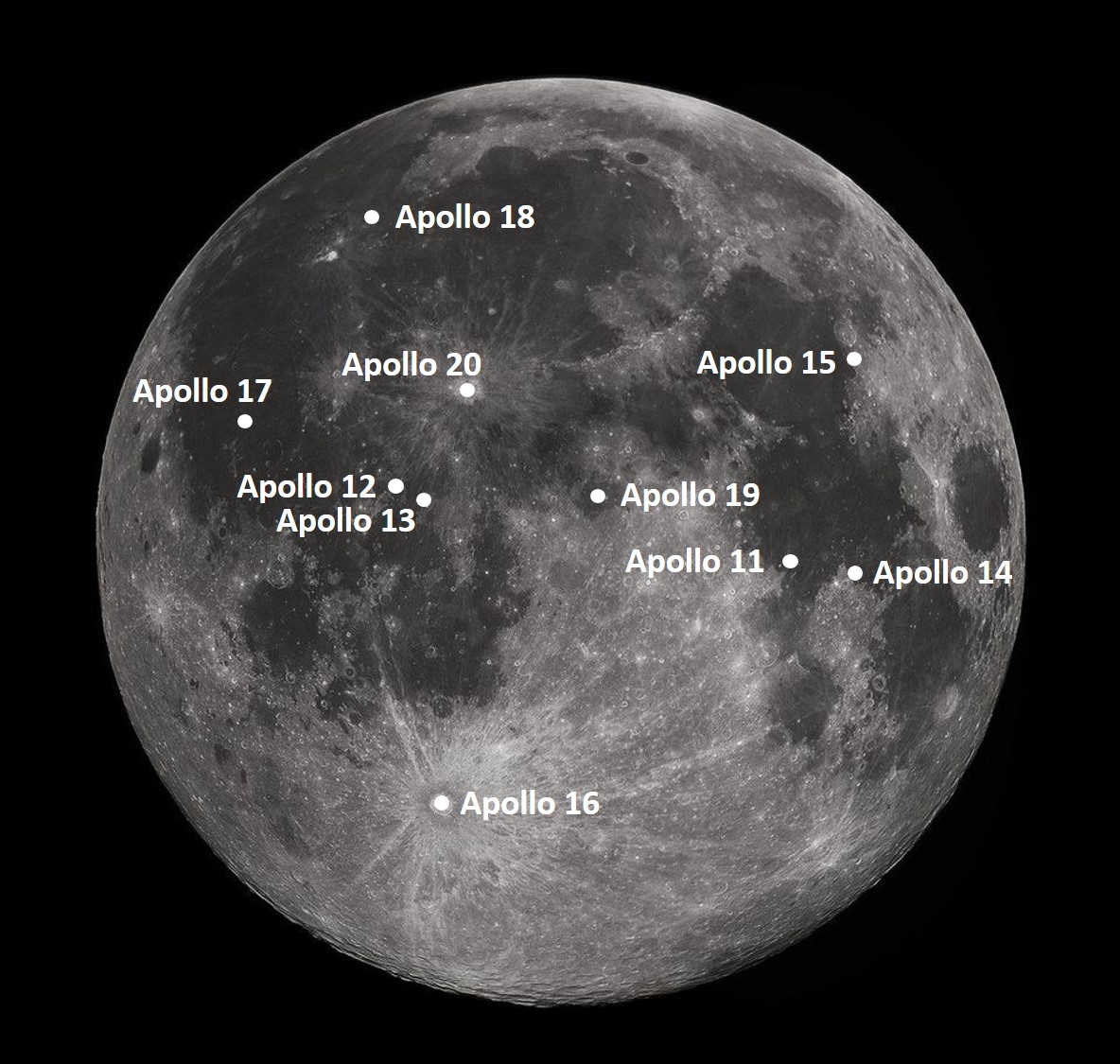 Proposed lunar landing sites through Apollo 20, per NASA planning in August 1969