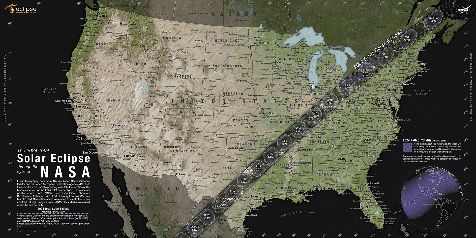 A map of the contiguous U.S. shows the path of the 2024 total solar eclipse stretching on a narrow band from Texas to Maine.