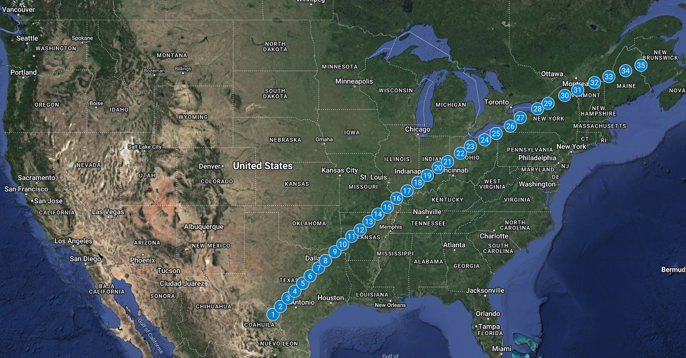 A map of North America, primarily showing the United States. There is a line that crosses from Mexico, into Texas, across the U.S. until Maine, and exits into the ocean off the coast of Canada. There are many teal markers along that path indicating the locations of CATE 2024 participants.