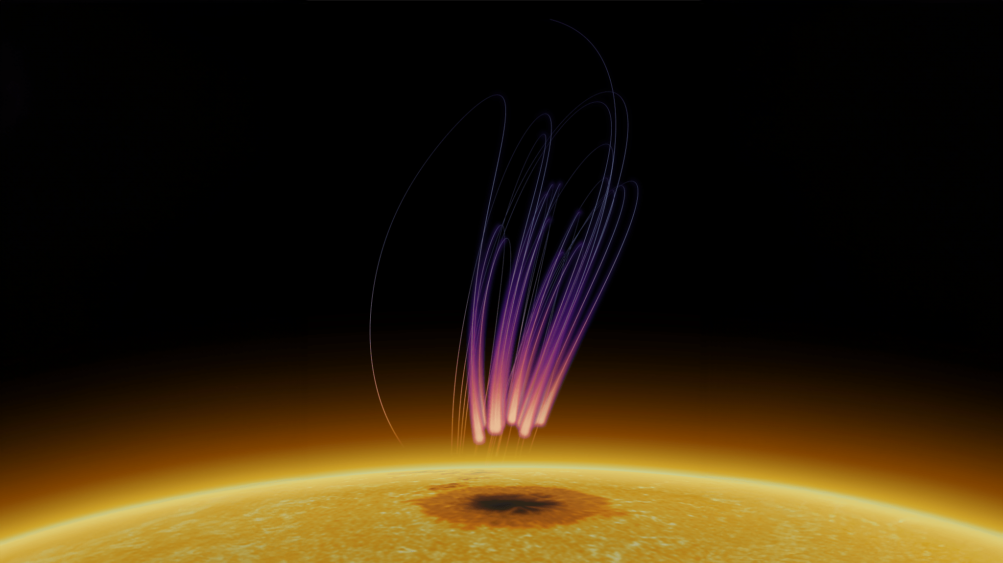 In this illustration, a small portion of the Sun appears in yellow at the bottom with a dark sunspot in the center. Above the sunspot, against a black background, appear several vertical, curved streaks of light that are light pink at the bottom, closest to the sunspot and darken to dark pink in the middle then purple at the top. The streaks also appear thinner at the top than at the bottom.