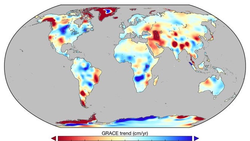 Global map; different colored areas on each continent show the varying levels of freshwater