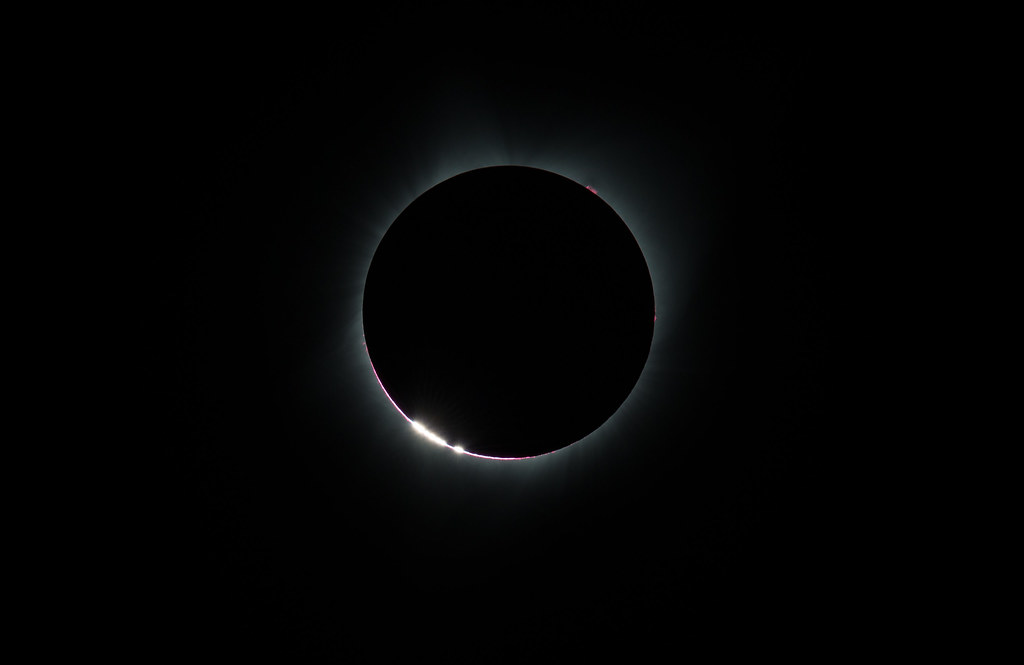 Sunlight passes through the Moon’s rugged terrain creating the Baily’s Beads effect during the total solar eclipse Aug. 21, 2017