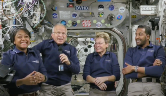 The Ax-2 mission crew includes Mission Specialist Rayyanah Barnawi from the Kingdom of Saudi Arabia, left, and Commander Peggy A. Whitson of Axiom Space, right. 