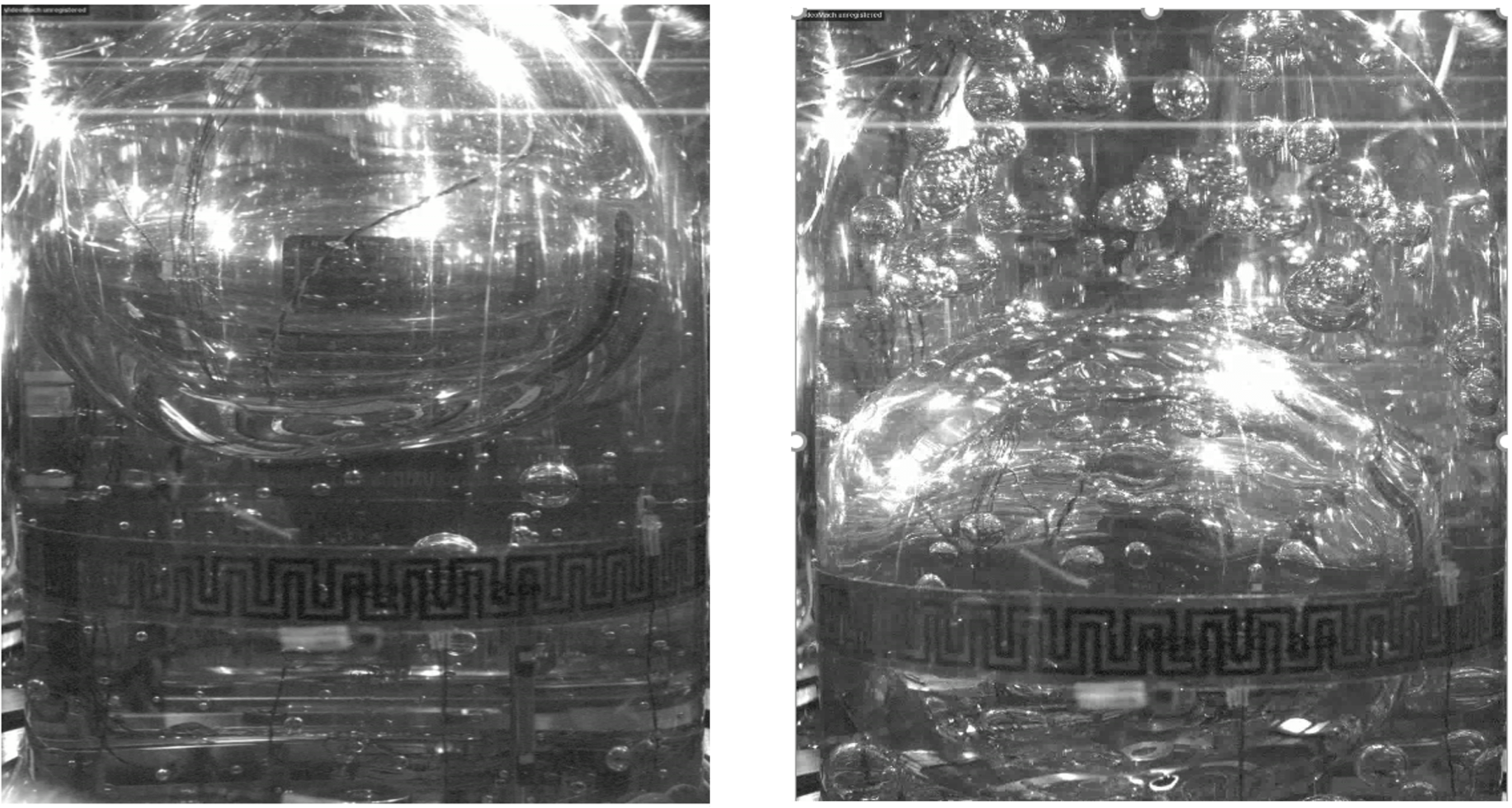 The left-hand picture shows an intact large hemispherical bubble (vapor ullage) at the top of the tank before the jet mixing starts. The right-hand picture shows the tank filled by numerous small sized bubbles that were created by an unexpected cavitation phase change phenomena when the pressure in the tank suddenly dropped due to the subcooled jet mixing operation.