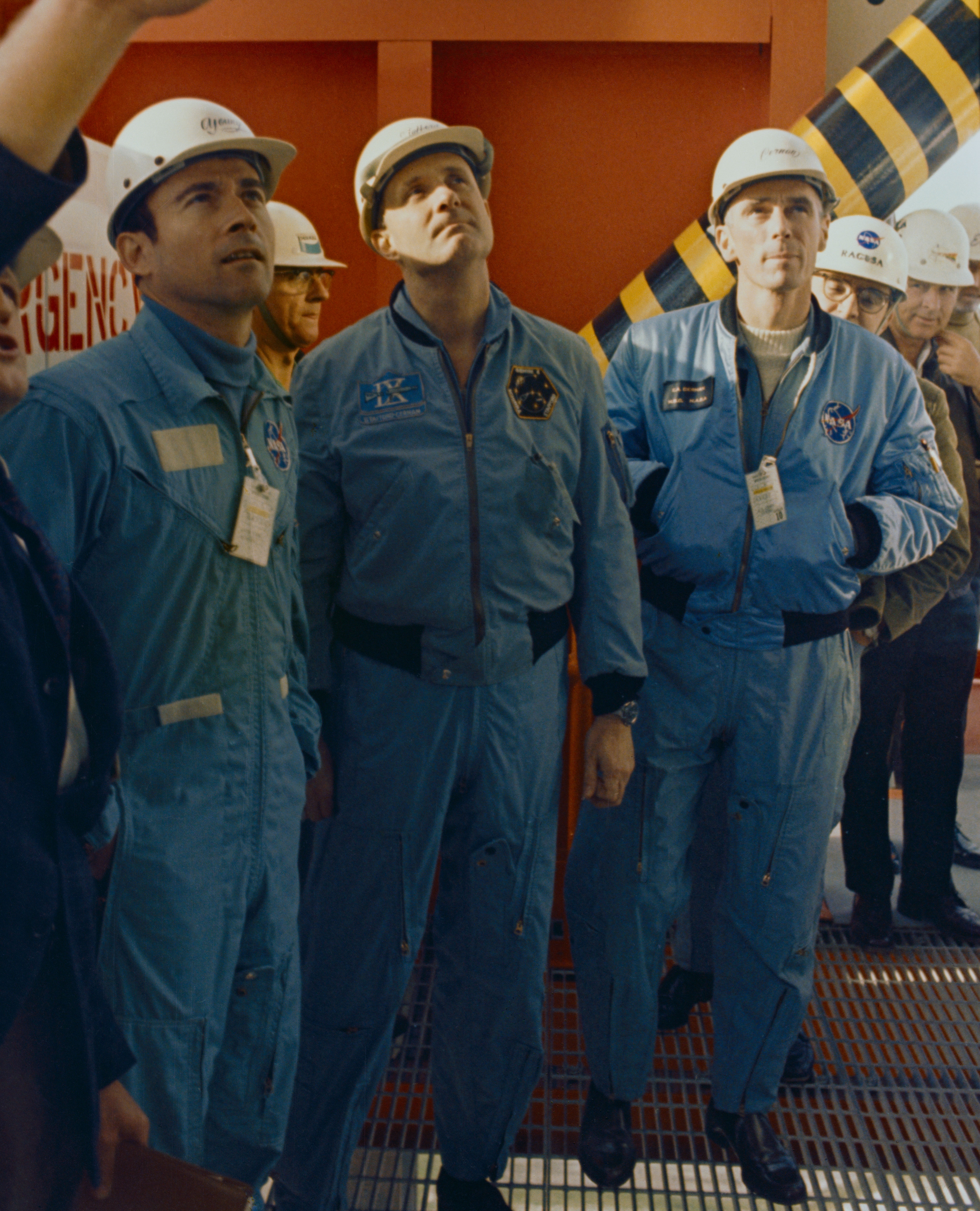 Apollo 10 astronauts John W. Young, left, Thomas P. Stafford, and Eugene A. Cernan during an inspection visit at Launch Pad 39B