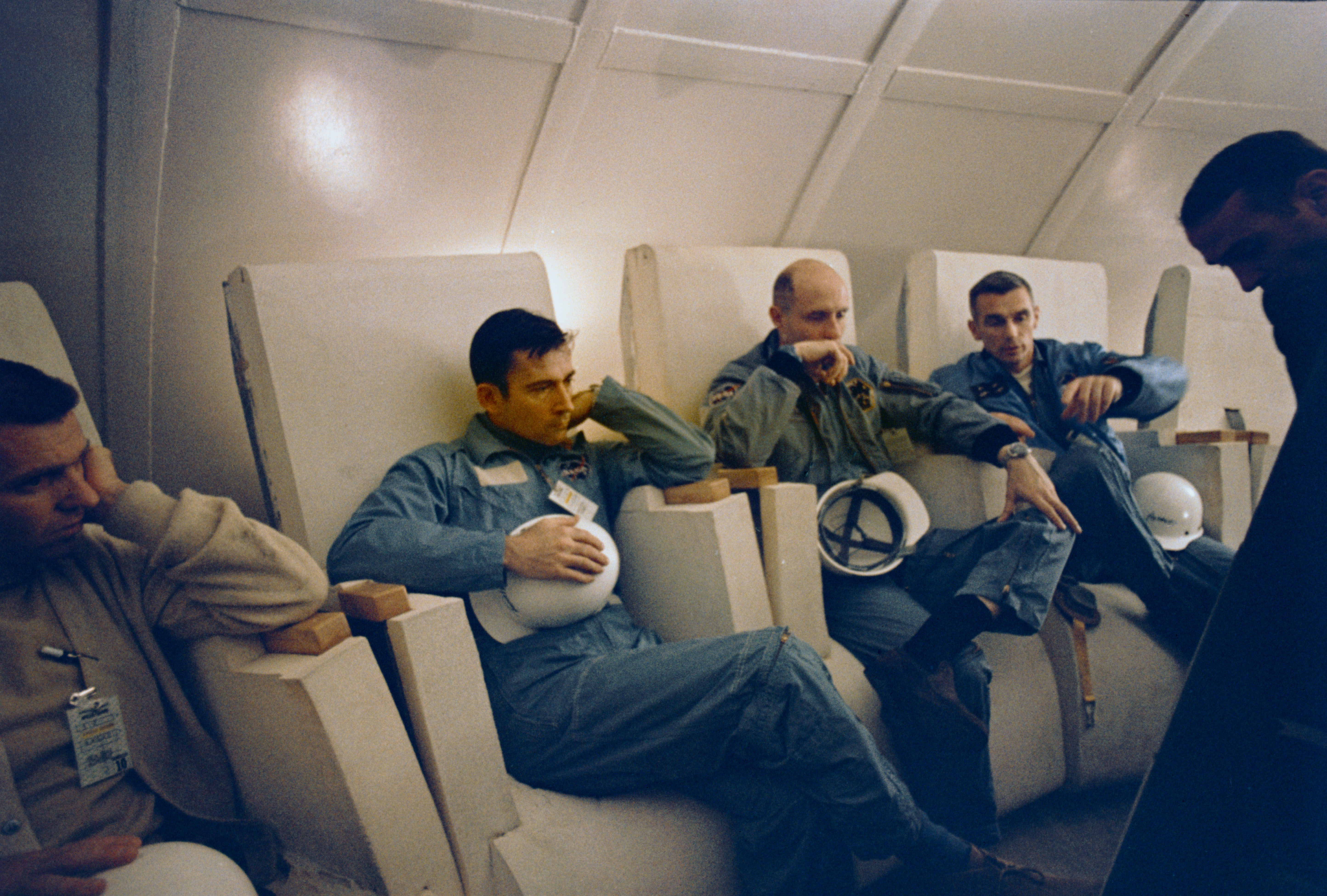 Young, left, Stafford, and Cernan inside the blast room beneath the launch pad