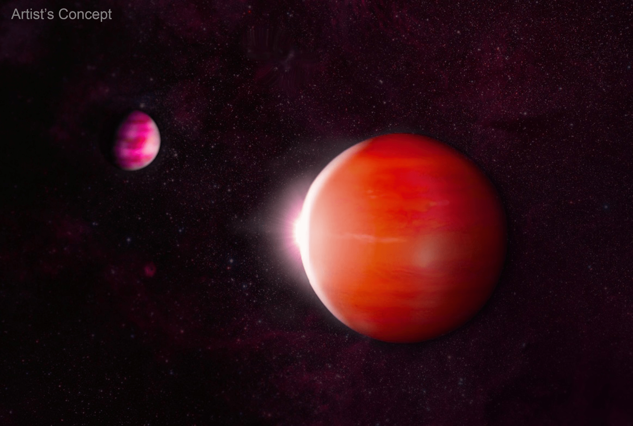 Background: A black landscape with small stars. Left: A small Jupiter-like orb. Right: A larger reddish orb passes in front of a star.