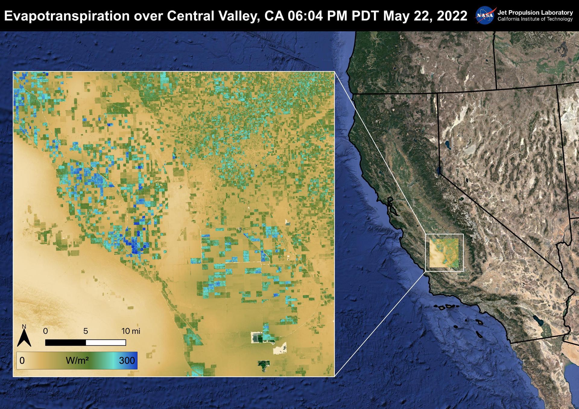 A topographic map of California is on the right side of this image. A pop-out box of the Central Valley has multiple tiny squares ranging from dark blue to light blue, green, and brown. The colors indicate the level of water use within the squares.