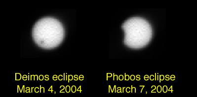 Mars Exploration Rover Opportunity images of Deimos, left, and Phobos crossing in front of the Sun