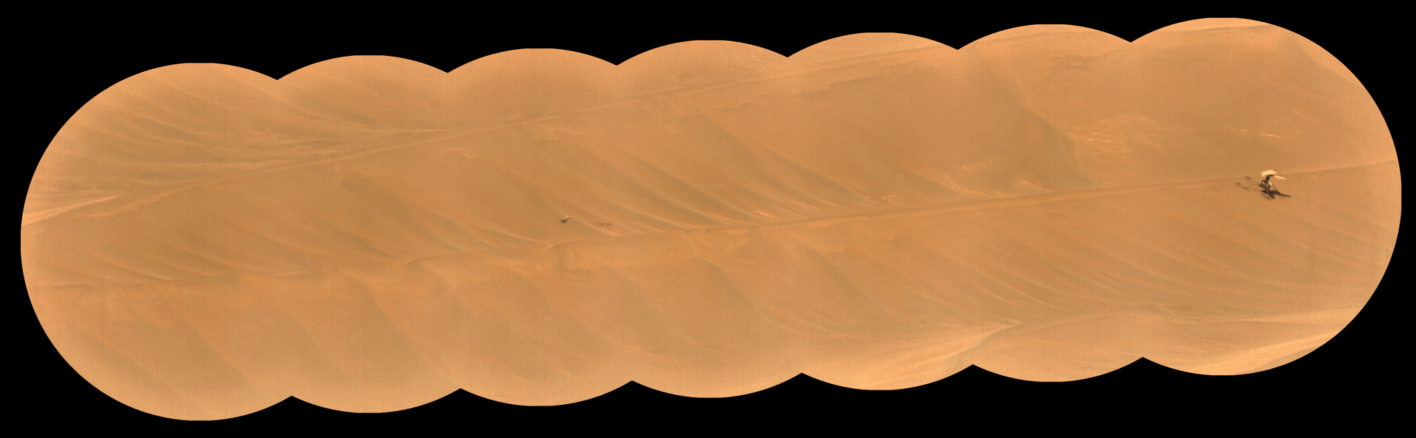 NASA’s Ingenuity Mars Helicopter, right, stands near the apex of a sand ripple in an image taken by Perseverance on Feb. 24, about five weeks after the rotorcraft’s final flight. Part of one of Ingenuity’s rotor blades lies on the surface about 49 feet (15 meters) west of helicopter (left of center in the image).