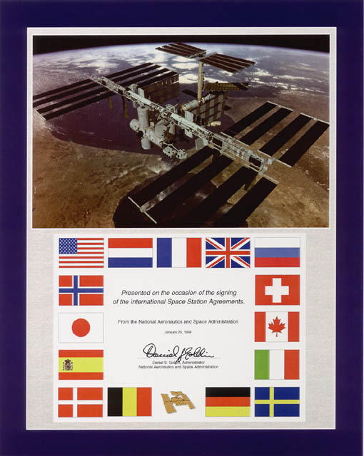 Plaque commemorating the signing of the 1988 Inter-Governmental Agreement (IGA) governing the International Space Station partnership