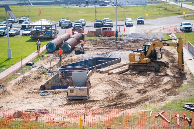 An aerial view shows the pipeline liner installation area at the base of the Fred Haise Test Stand where the upgrade is taking place