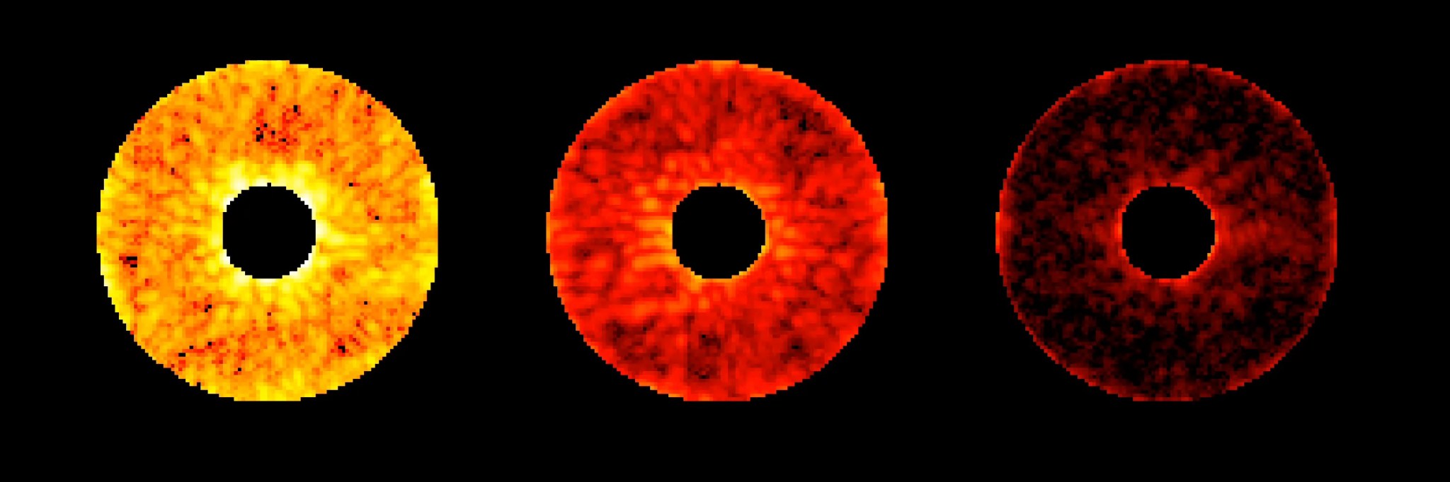 This graphic shows a test of the Roman Coronagraph Instrument that engineers call “digging the dark hole.” At left, starlight leaks into the field of view when only fixed components are used. The middle and right images show more starlight being removed as the instrument’s moveable components are engaged.