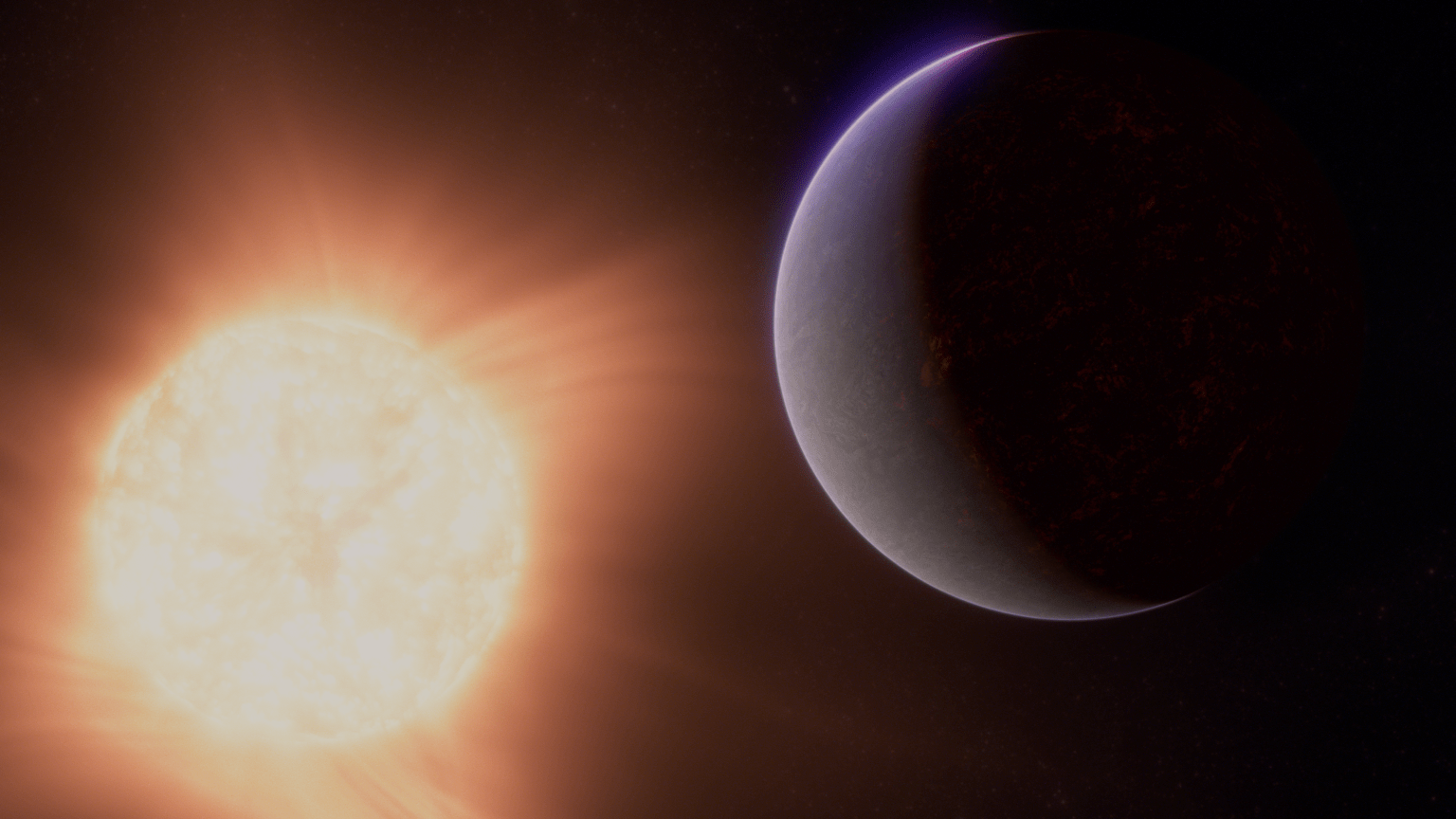 Illustration of a rocky exoplanet and its star. The star is in the background at the lower left and appears somewhat, but not significantly, smaller in the sky than the planet. It has a bright orange-red glow, and appears to have an active surface. The planet is in the foreground to the upper right of the star. The left quarter of the planet (the side facing the star) is lit, while the rest is in shadow. The planet has hints of a rocky, partly molten surface beneath the haze of a thin atmosphere. The boundary between the day and night sides of the planet is fuzzy.