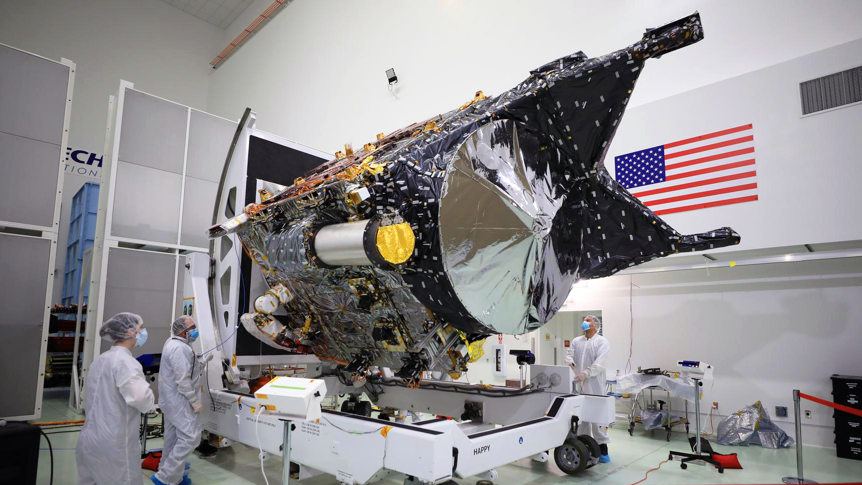 NASA’s Psyche spacecraft is shown in a clean room