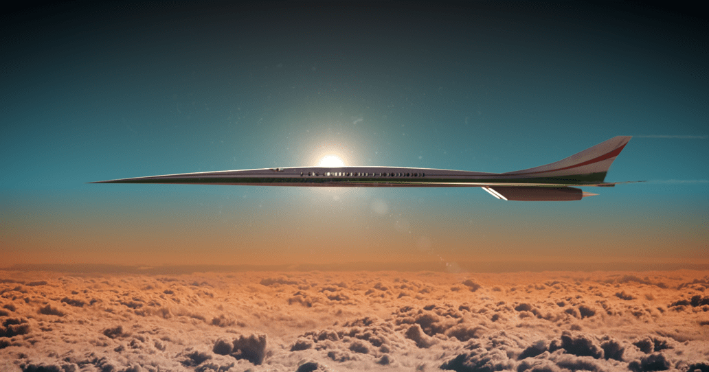 A pointed, narrow airplane flies above the clouds. The sun shines through many, tiny passenger windows.