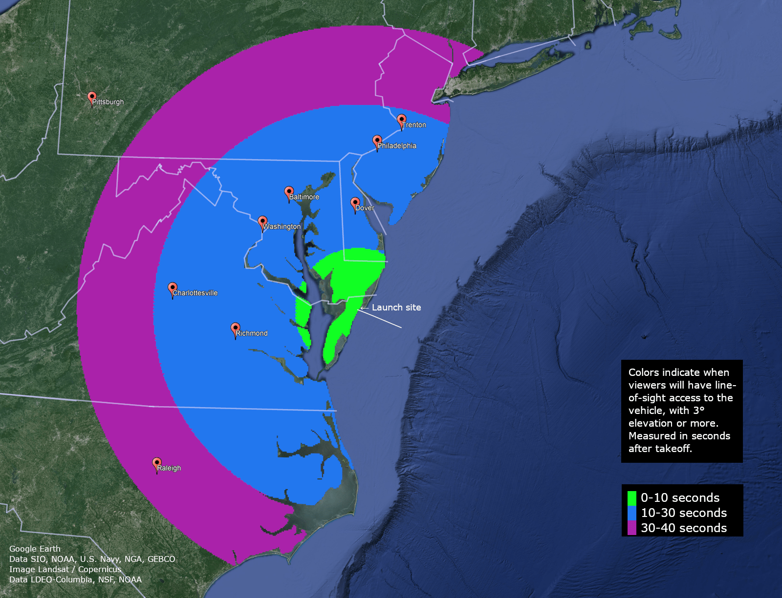 A series of circles show areas in the United States from where a sounding rocket launch may be viewed at different times during flight.