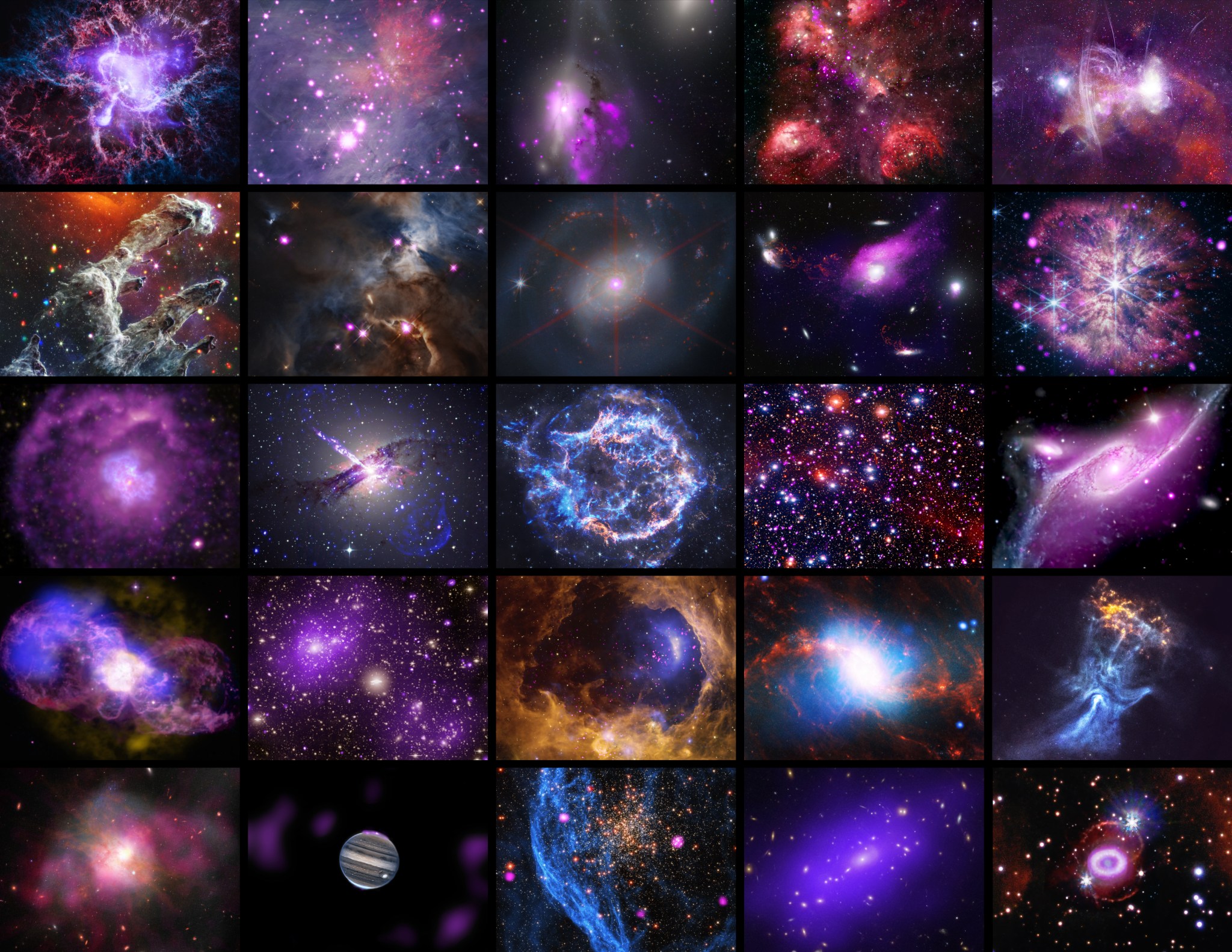 This image shows a collection of 25 new space images celebrating the Chandra X-ray Observatory's 25th anniversary. The images are arranged in a grid, displayed as five images across in five separate rows. Starting from the upper left, and going across each row, the objects imaged are: Crab Nebula, Orion Nebula, The Eyes Galaxies, Cat's Paw Nebula, Milky Way's Galactic Center, M16, Bat Shadow, NGC 7469, Virgo Cluster, WR 124, G21.5-0.9, Centaurus A, Cassiopeia A, NGC 3532, NGC 6872, Hb 5, Abell 2125, NGC 3324, NGC 1365, MSH 15-52, Arp 220, Jupiter, NGC 1850, MACS J0035, SN 1987A.