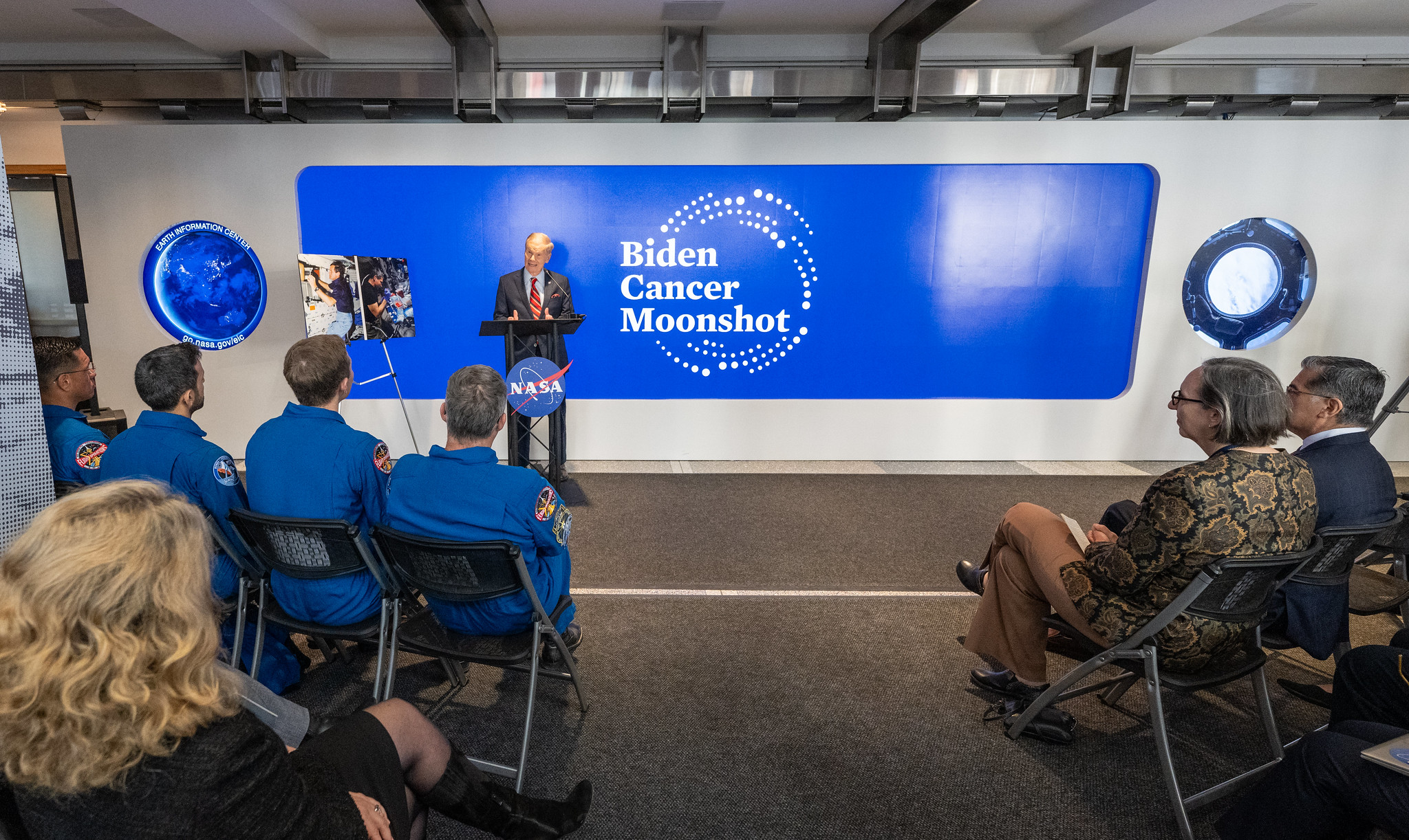 NASA Administrator Bill Nelson delivers remarks to an audience that includes NASA astronauts during an event with Department of Health and Human Services Secretary Xavier Becerra to highlight how the agencies are making progress toward President Joe Biden and First Lady Jill Biden’s Cancer Moonshot initiative, March 21, 2024, in the Earth Information Center at the Mary W. Jackson NASA Headquarters building in Washington.