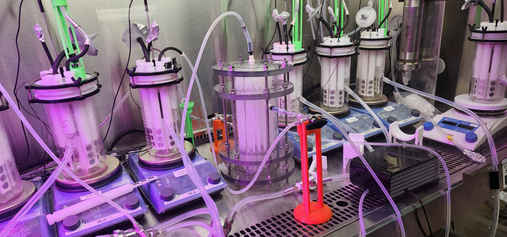 An interconnected series of compact bioreactors, each a cylinder roughly the size of a Thermos with a network of tubing, sensors, and gauges whereby NASA scientists can monitor and measure biofilm growth as each canister’s temperature, filters, and other factors are changed. The biofilm test rack is housed in a laboratory at NASA’s Marshall Space Flight Center in Huntsville, Alabama.