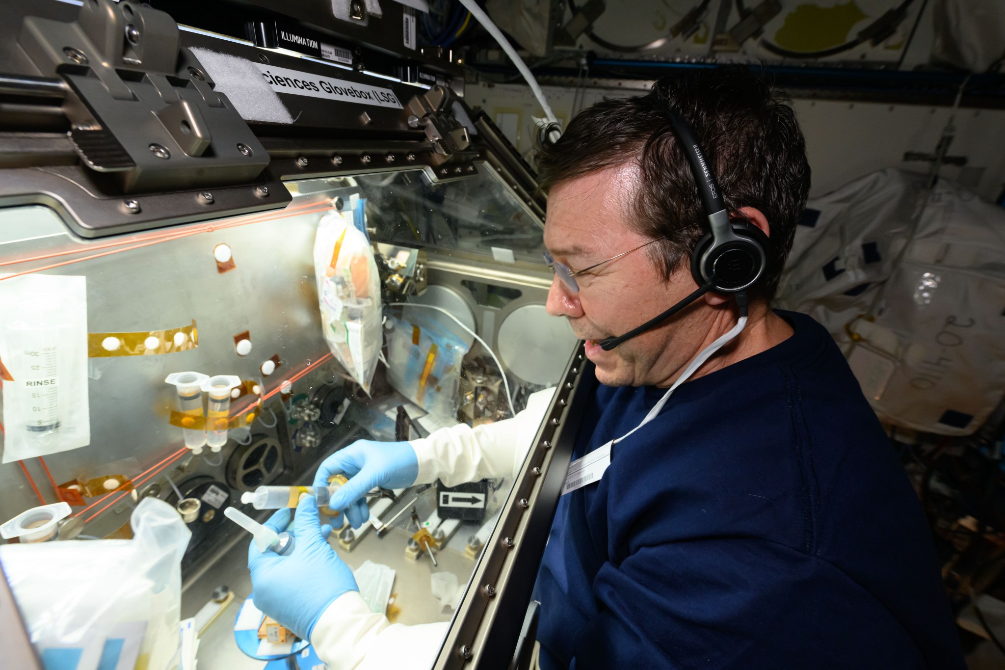 A male astronaut is looking into a glass glovebox as he works on a science experiment. Inside the glovebox there is various scientific equipment including several syringes and bags. The astronaut is holding two syringes inside the glovebox.