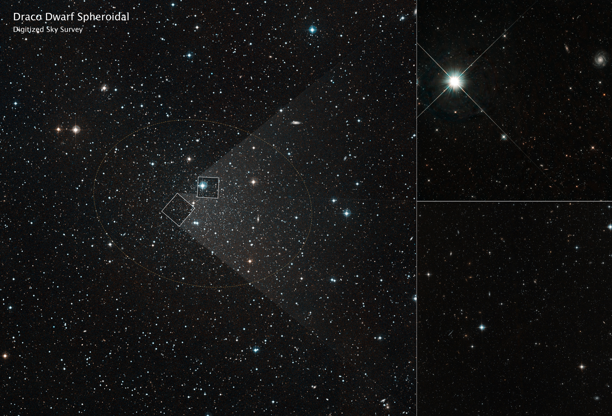 A three-paneled image shows different perspectives of the Draco dwarf spheroidal galaxy. The first panel fill's the left half of the image. It is a Digitized Sky Survey image of the region. The upper-right and lower-right images are zoomed-in Hubble images of areas denoted by white boxes in the left-side image. Each of the images holds a field of distant galaxies and foreground stars on a inky-black background.