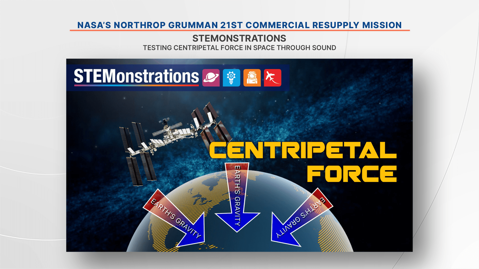 The Office of STEM Engagement’s Next Gen STEM Project, STEMonstrations, that will demonstration the effects centripetal force has on sounds during spaceflight.