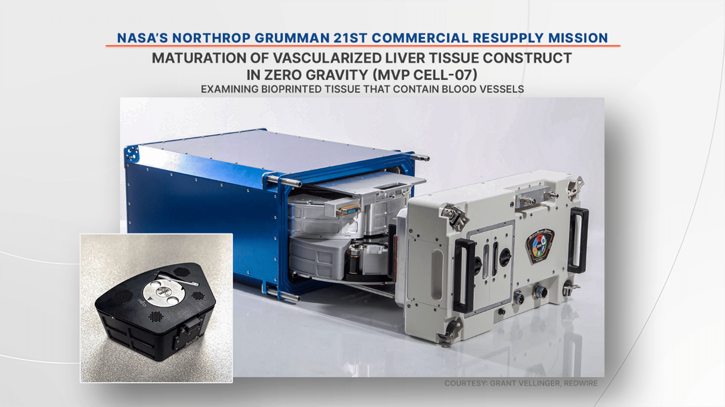 The Maturation of Vascularized Liver Tissue Construct in Zero Gravity (MVP Cell-07) investigation used to conduct bioprinting of tissue on the space station.