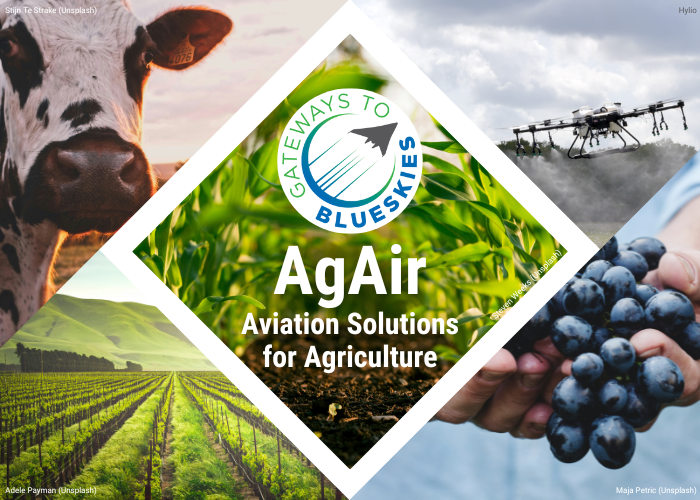 A collage depicting agriculture, including a cow, a vineyard, freshly picked grapes, and a drone watering a field, with the 2025 Blue Skies Logo in the center.