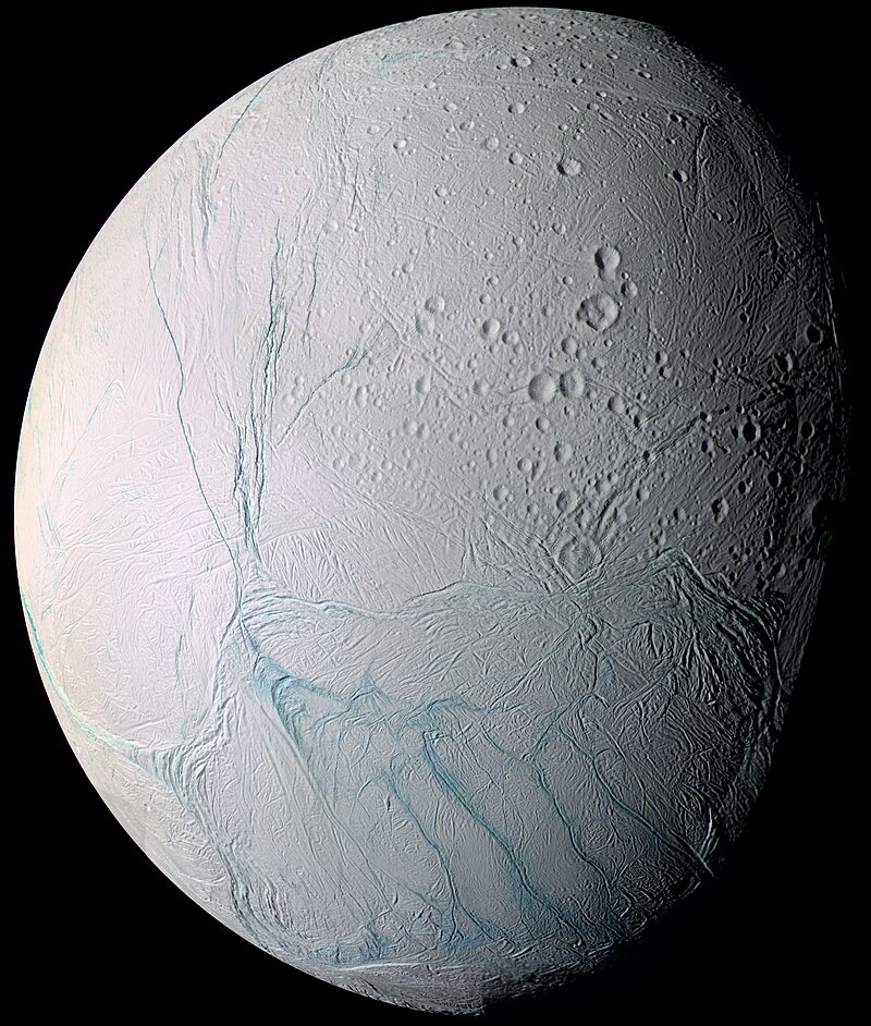 False color image of Enceladus from Cassini showing the tiger stripes at bottom