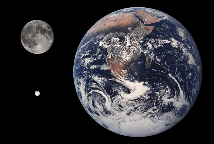 Relative sizes of Earth, Earth’s Moon, and Enceladus