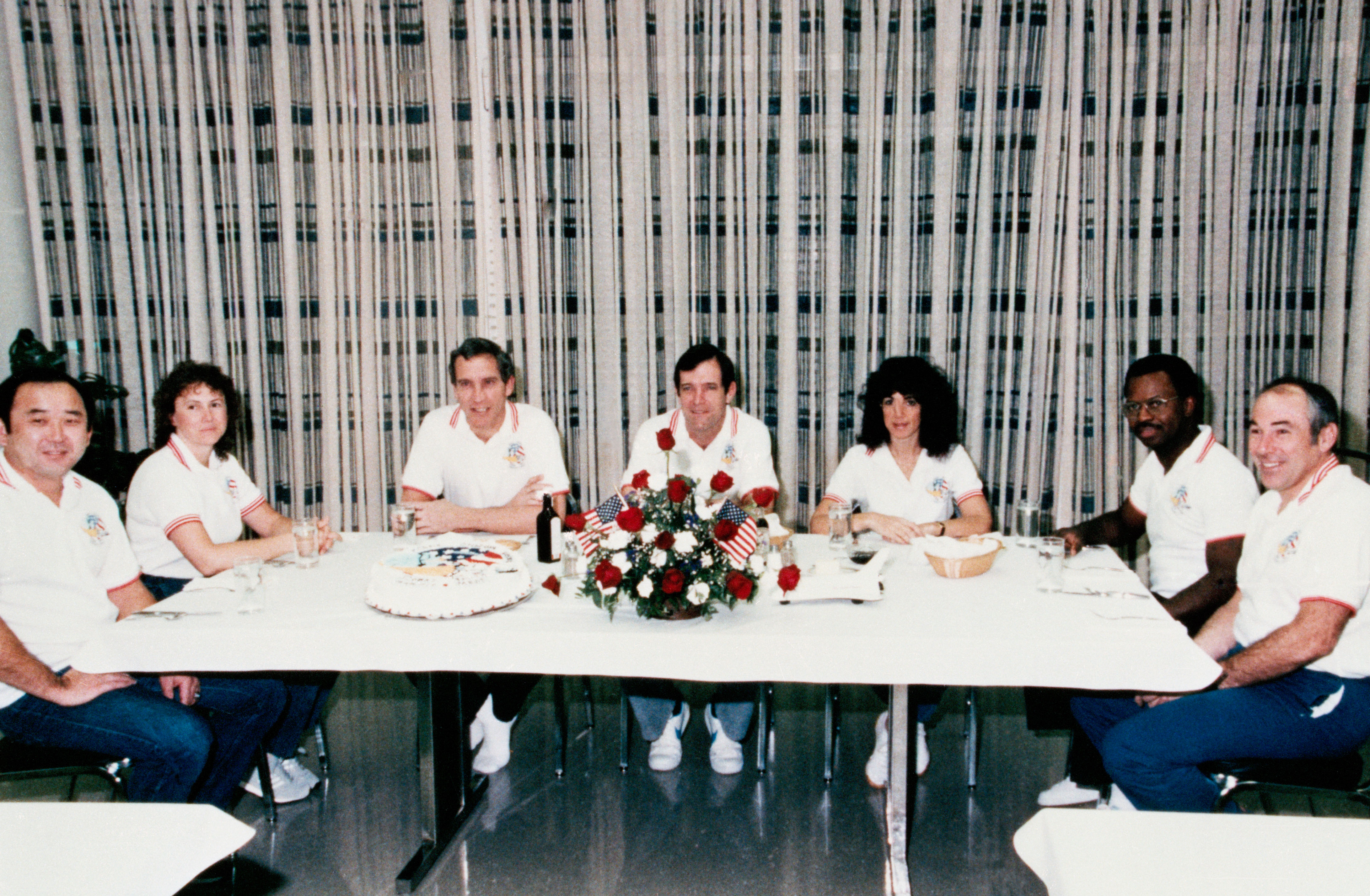 The STS-51L crew at the traditional prelaunch breakfast