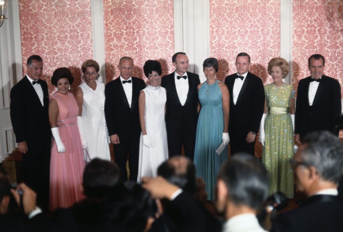 The Apollo 11 astronauts and their wives at the official state dinner in Los Angeles, hosted by President Richard M. Nixon