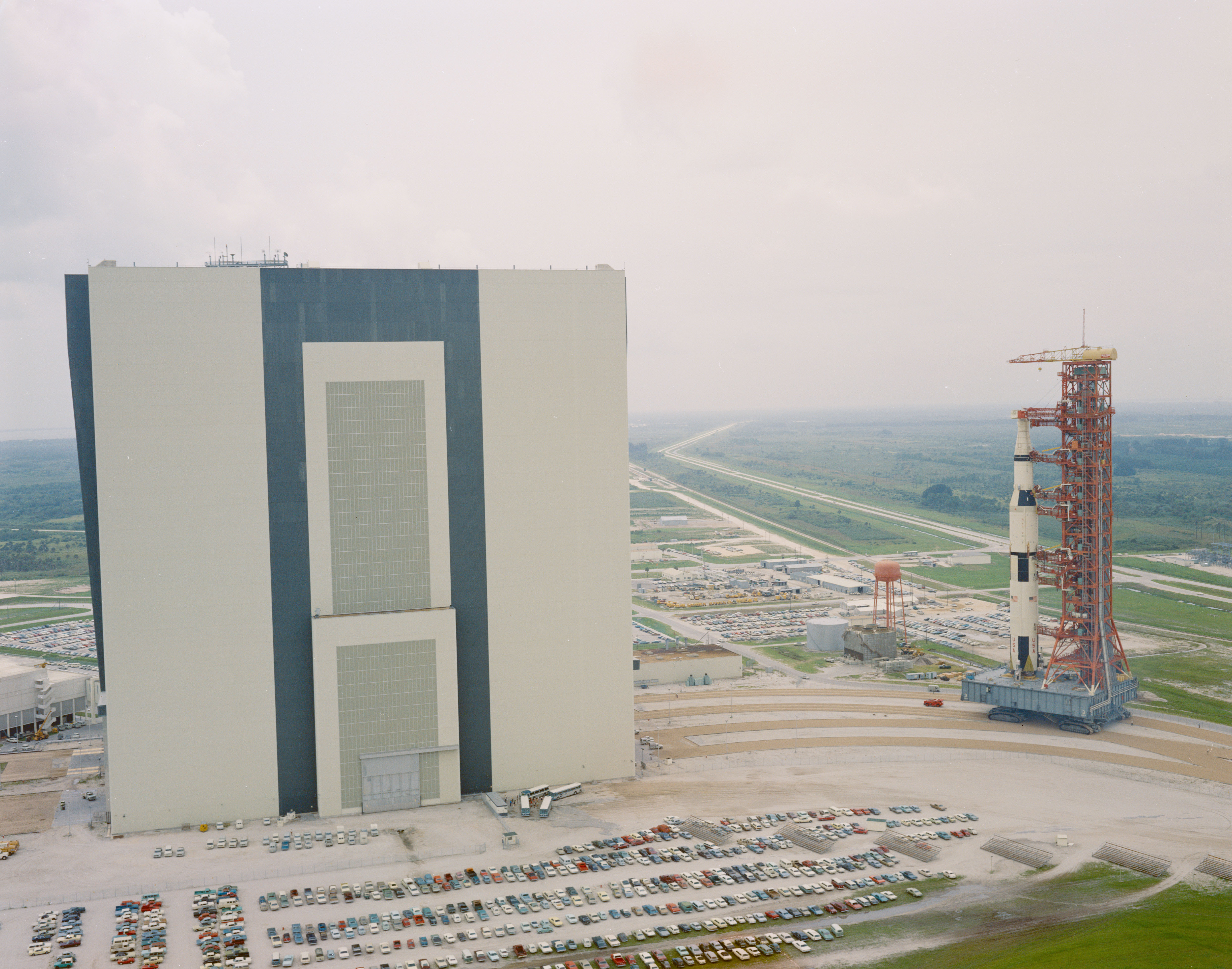 The Saturn V for Apollo 13 rolls out of the Vehicle Assembly Building (VAB) at NASA’s Kennedy Space Center in Florida to relocate it from High Bay 2 to High Bay 1