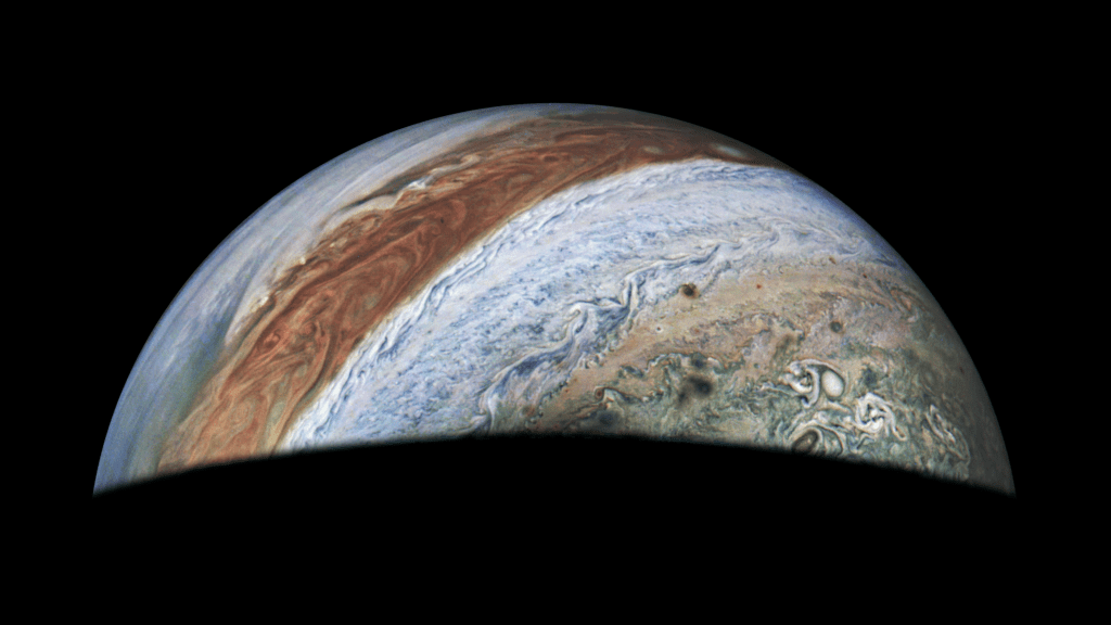 This view of Jupiter was captured by the JunoCam instrument aboard NASA’s Juno spacecraft during the mission’s 62nd close flyby of the giant planet on June 13