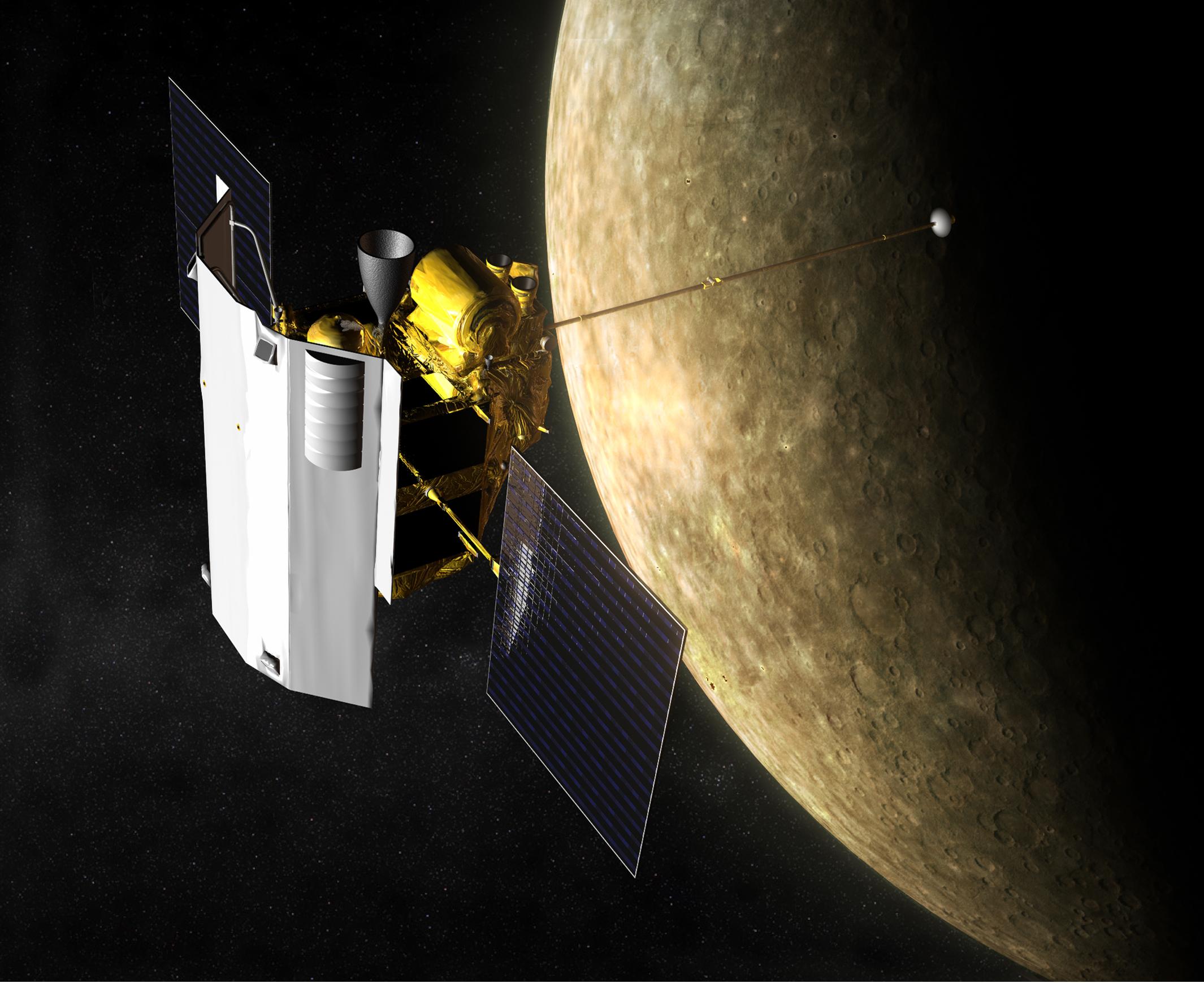 Artist impression of NASA MErcury Surface, Space ENvironment, GEochemistry, and Ranging MESSENGER spacecraft in orbit at Mercury.