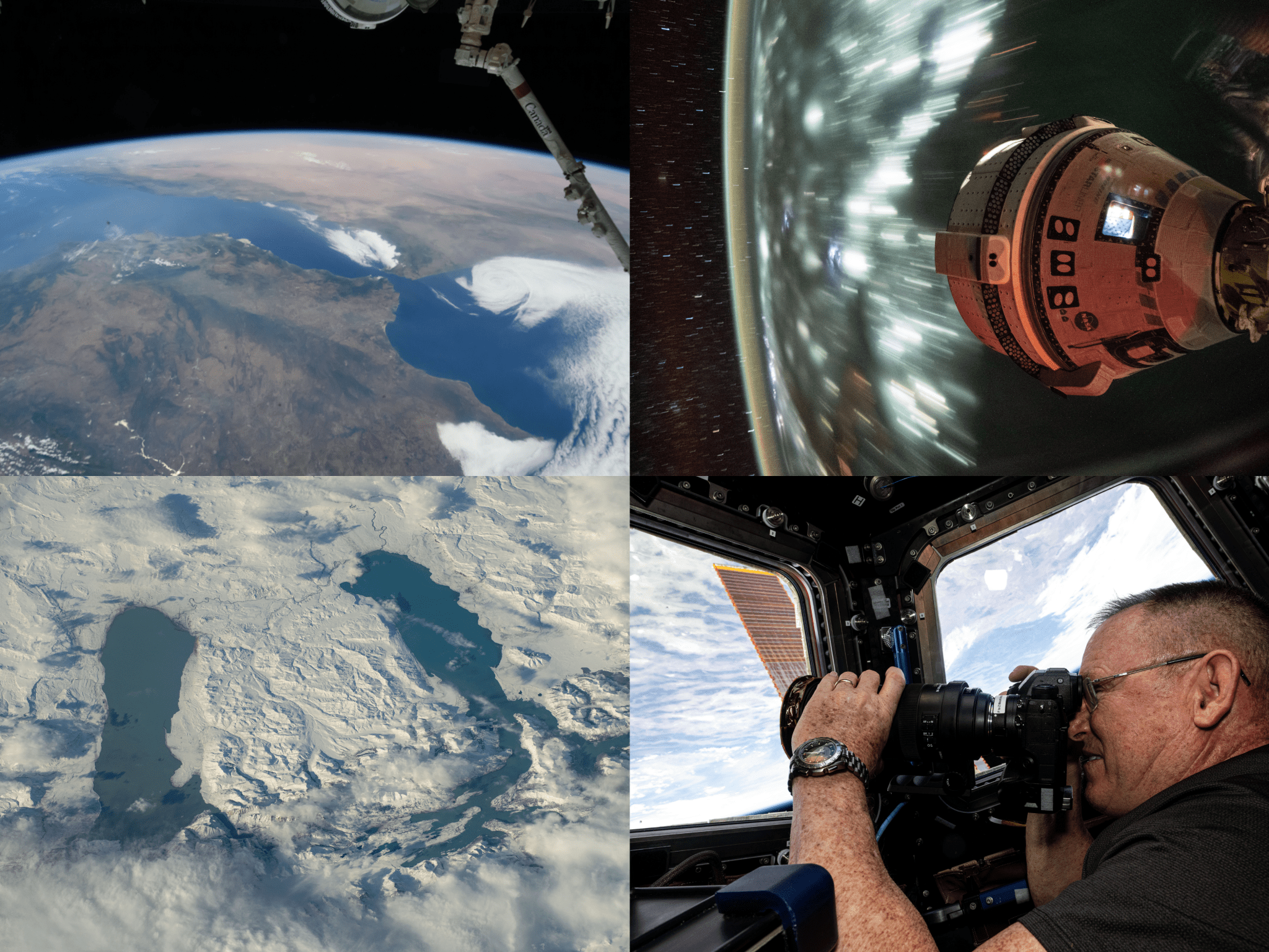 (From top left) The Strait of Gibraltar separating Spain and Morocco, captured by NASA astronaut Butch Wilmore; Boeing’s Starliner spacecraft is seen docked to the Harmony module’s forward port. This long-duration, night time photo, shows light trails of civilization over the coast of Mumbai, India; Two Patagonian Lakes, Viedma and Argentino, are pictured as the station orbited 272 miles above; Wilmore is photographed inside the cupola while taking pictures of Earth.