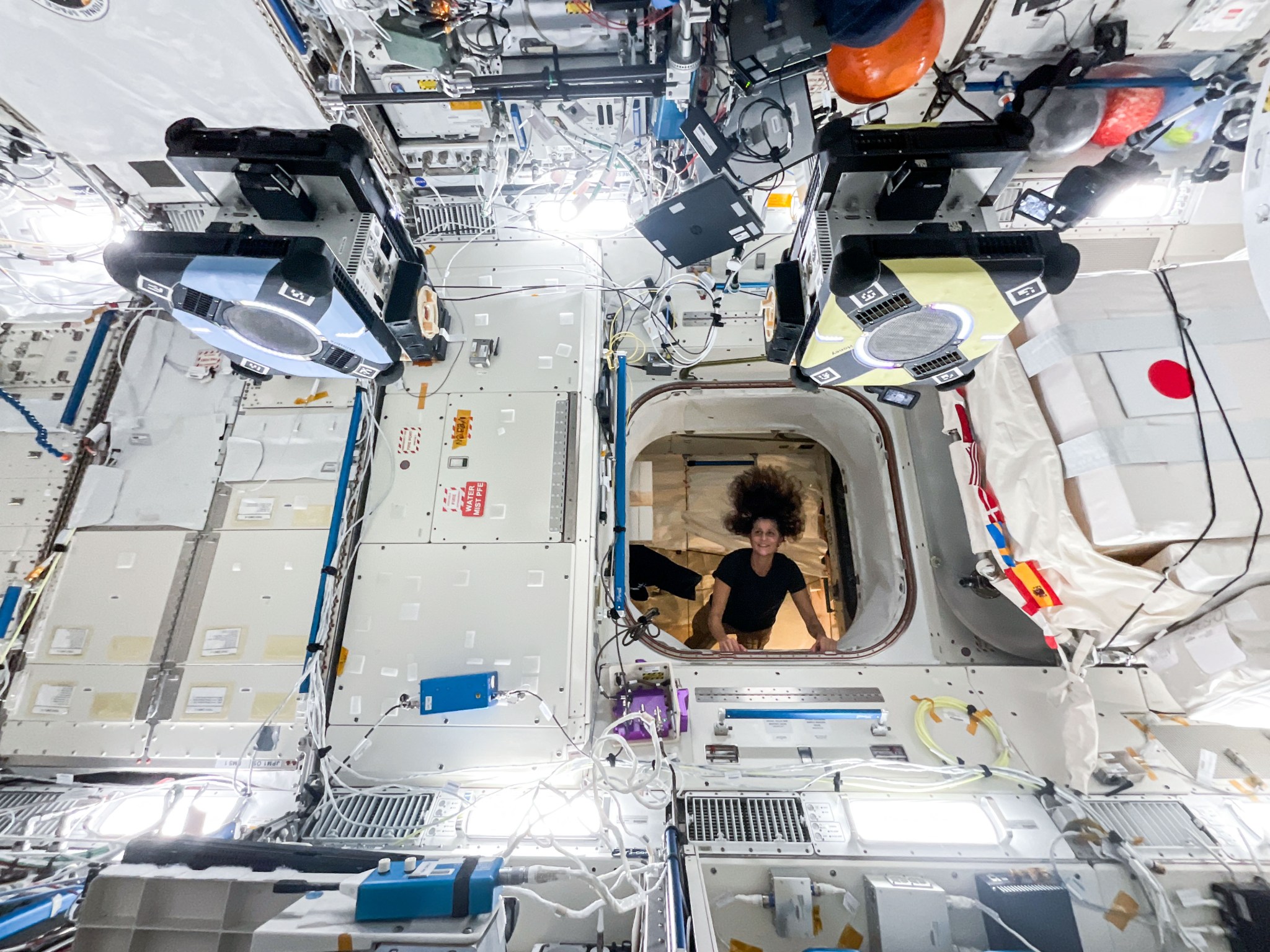 NASA astronaut and Boeing's Crew Flight Test Pilot Suni Williams observes a pair of Astrobee robotic free-flying assistants demonstrating autonomous docking maneuvers inside the International Space Station's Kibo laboratory module. Williams was inside Kibo's logistics module which serves as a storage area that houses materials for experiments, maintenance tools, and crew supplies.