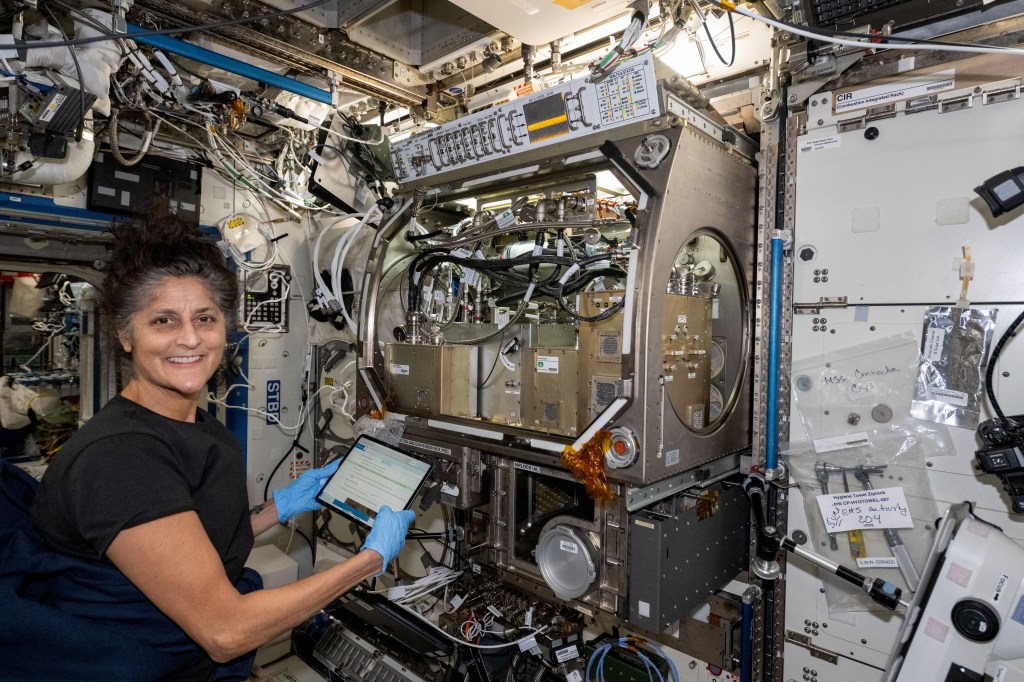 NASA astronaut and Boeing Crew Flight Test Pilot Suni Williams installs the Packed Bed Reactor Experiment, experimental life support hardware, inside the Microgravity Science Glovebox located aboard the International Space Station's Destiny laboratory module.