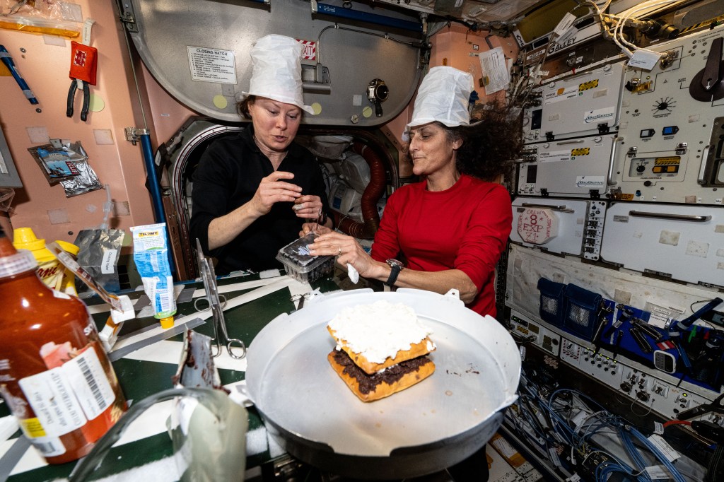 NASA astronauts (from left) Tracy C. Dyson and Suni Williams enjoy an ice cream dessert with fresh ingredients delivered aboard the Northrop Grumman Cygnus space freighter. The duo was enjoying their delicious snack inside the International Space Station's Unity module where crews share meals in the galley.