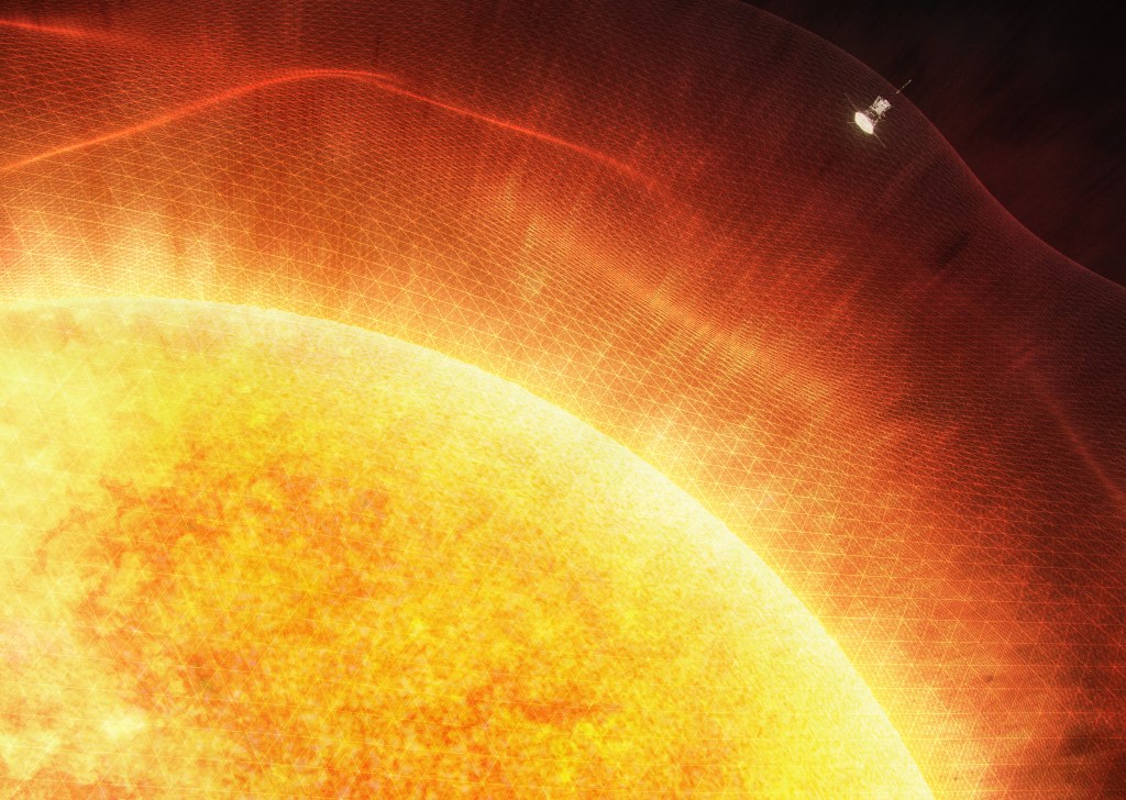 A large portion of the Sun fills most of the image, with a peak of black space on the top right corner. Surrounding the Sun is waves of the solar atmosphere, appearing net-like. The Parker Solar Probe spacecraft is small and flying into the atmosphere.