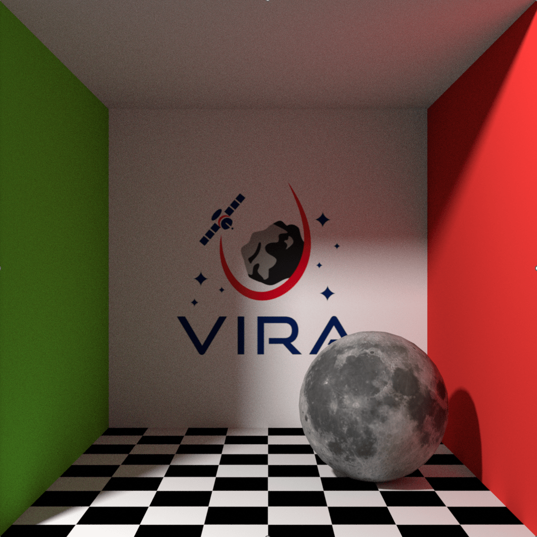 An image created with the Vira tool demonstrating its indirect lighting ability. A small moon sits on a checkered floor in a box with a green, white, and red wall. The white wall in the back contains the name “VIRA” with a logo consisting of an asteroid with a satellite orbiting it.