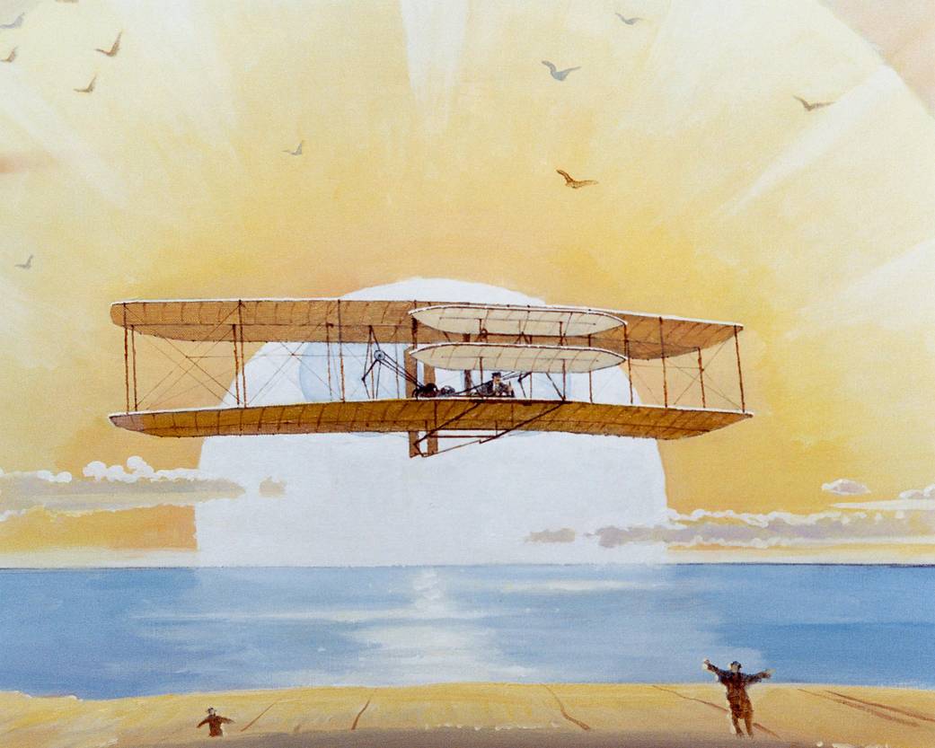 Artist Bob McCall mural of the 1903 Wright Flyer flying over the beach with Orville Wright at the controls..