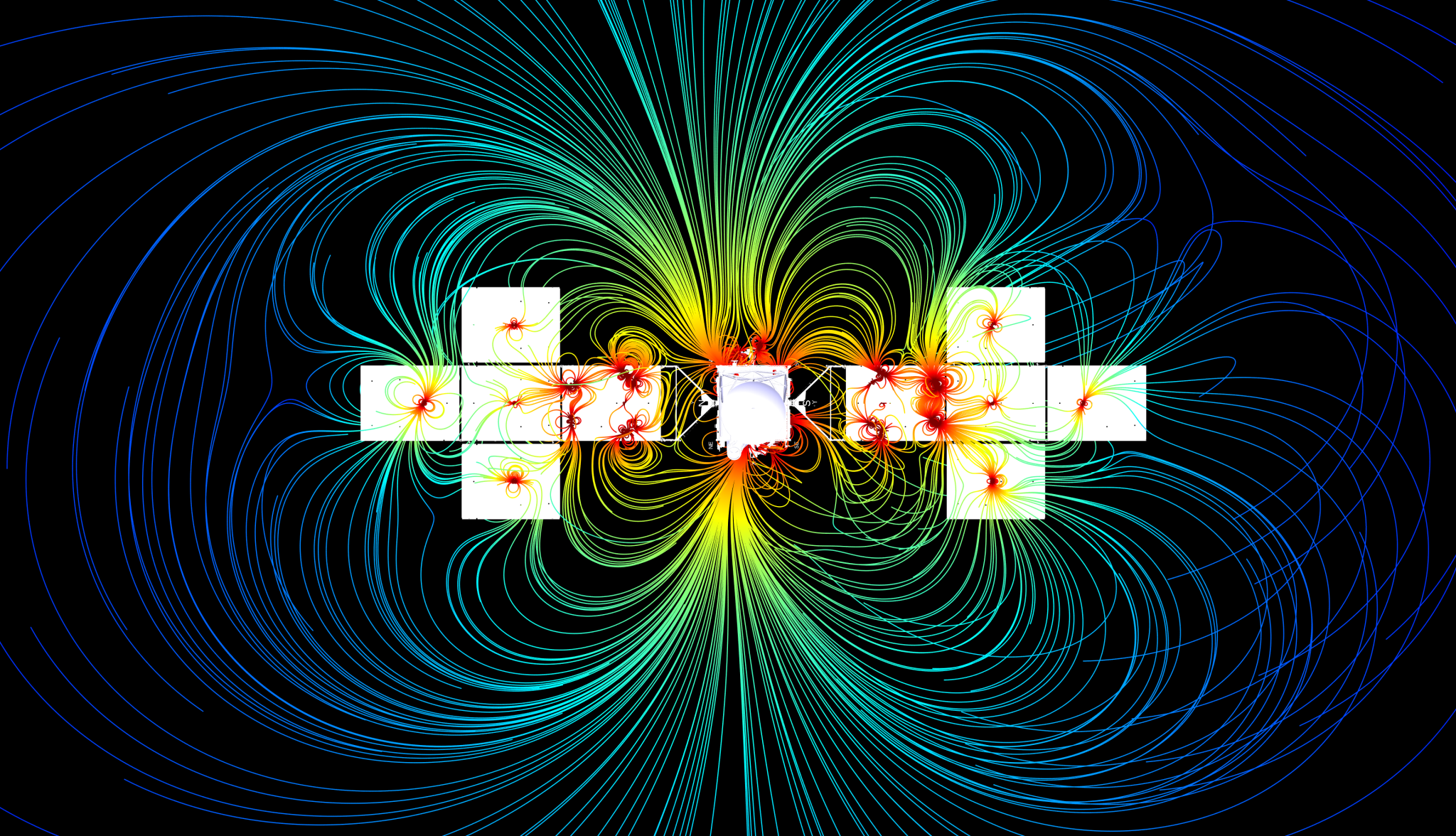 Swirling magnetic field lines extend from a CAD model of the Psyche spacecraft.